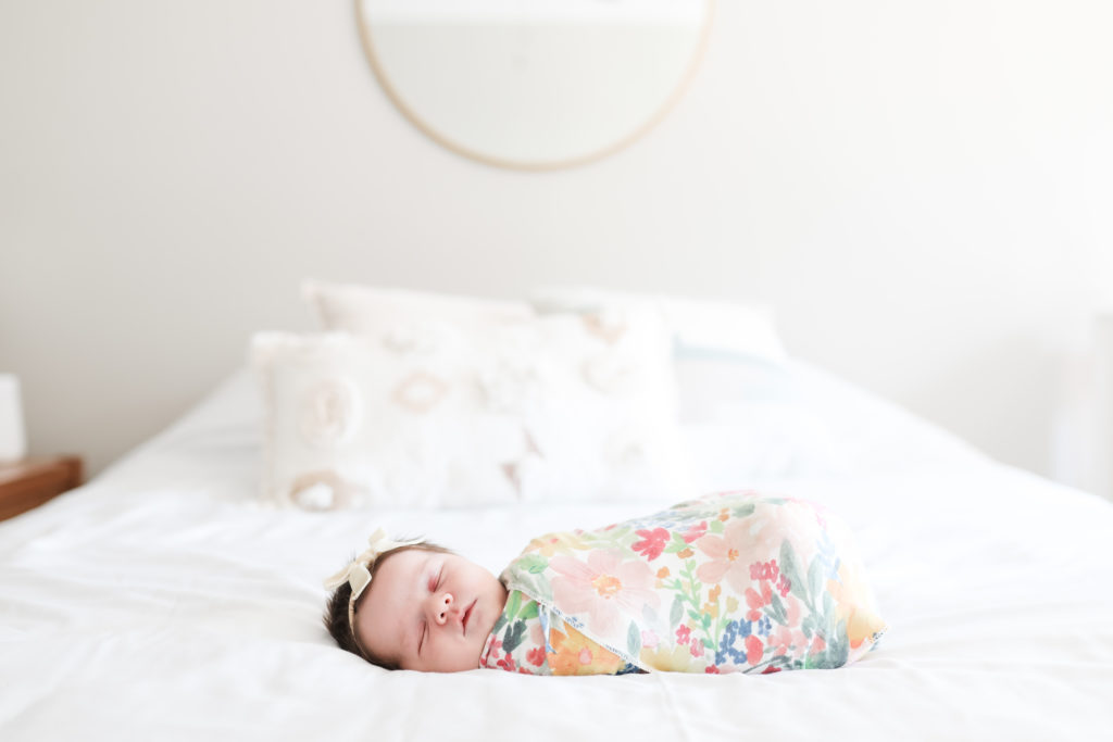 newborn nursery, baby swaddle, floral swaddle, baby headband, newborn session, newborn photography, baby girl